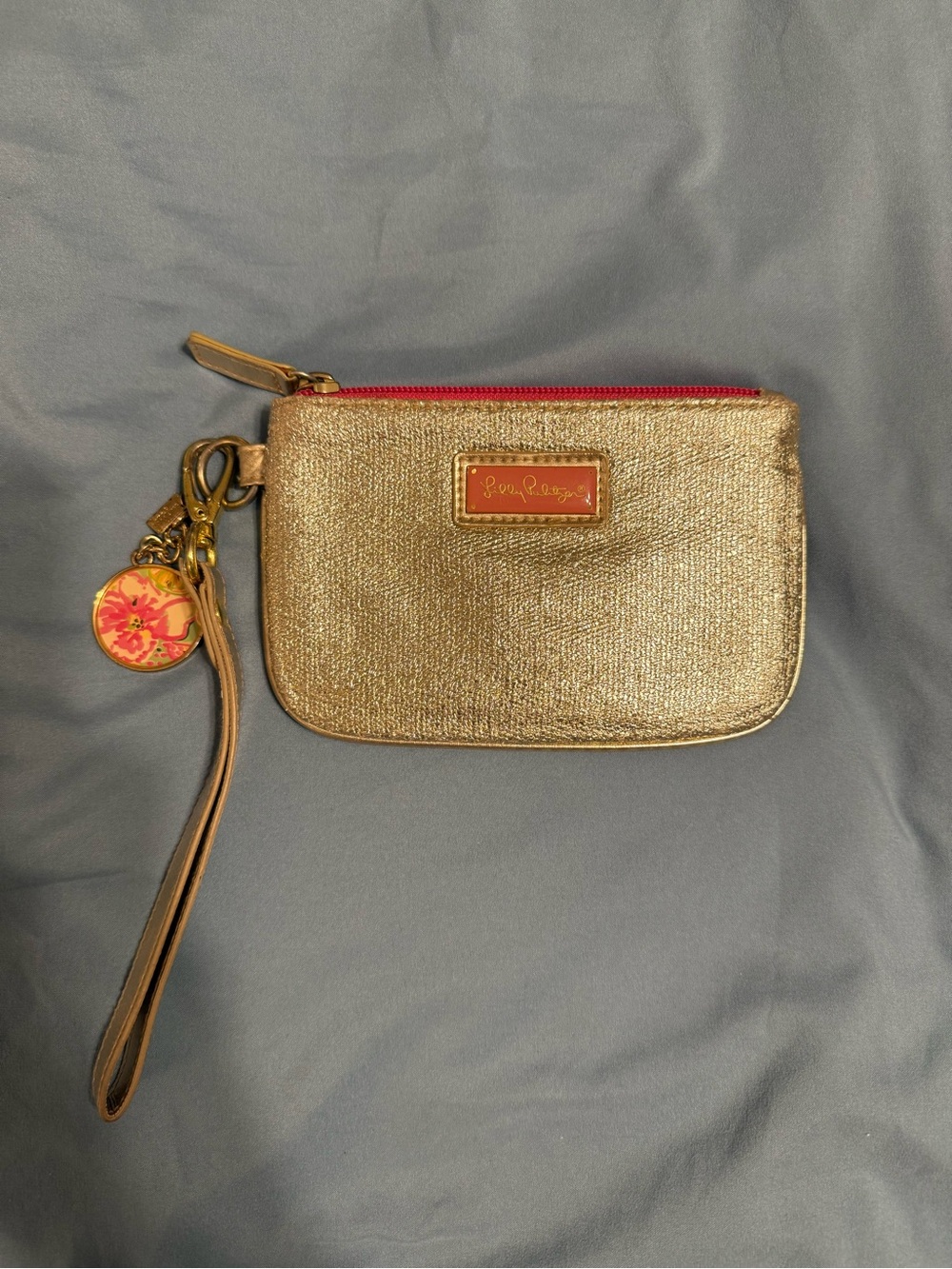 Lilly Pulitzer Gold Metallic Wristlet with Pink Zipper and Floral Charm